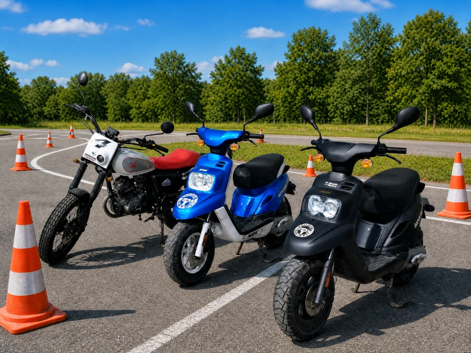 Plateau d'éducation routière en extérieur, un motard en tenue noire et casque intégral pilote une moto naked jaune et noire entre des cônes de signalisation orange