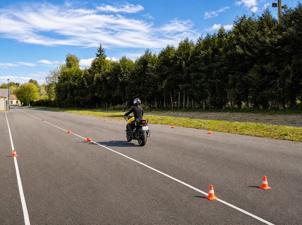 Plateau d'éducation routière en extérieur, un motard en tenue noire et casque intégral pilote une moto naked jaune et noire entre des cônes de signalisation orange