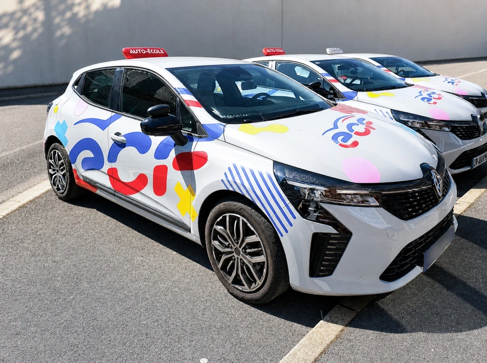 Véhicule Toyota Yaris Cross blanc stationné sur un parking extérieur, arborant le marquage publicitaire d'une auto-école ECF