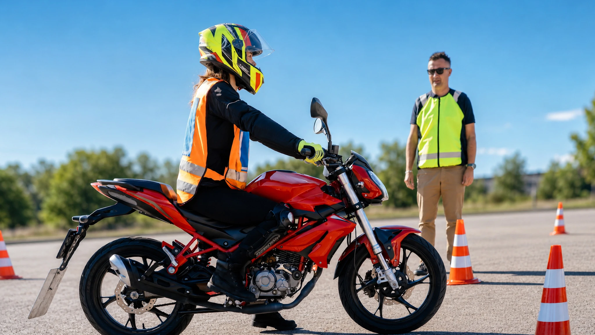 Motocycliste en équipement de protection intégral pilotant une moto sportive sur route goudronnée en pleine accélération