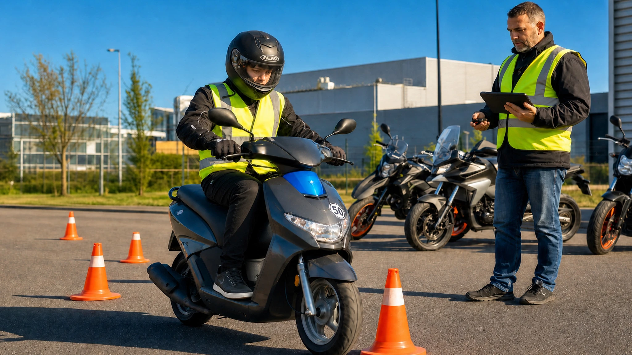 Motocycliste en équipement de protection sur circuit d'entraînement extérieur, naviguant entre cônes de signalisation orange