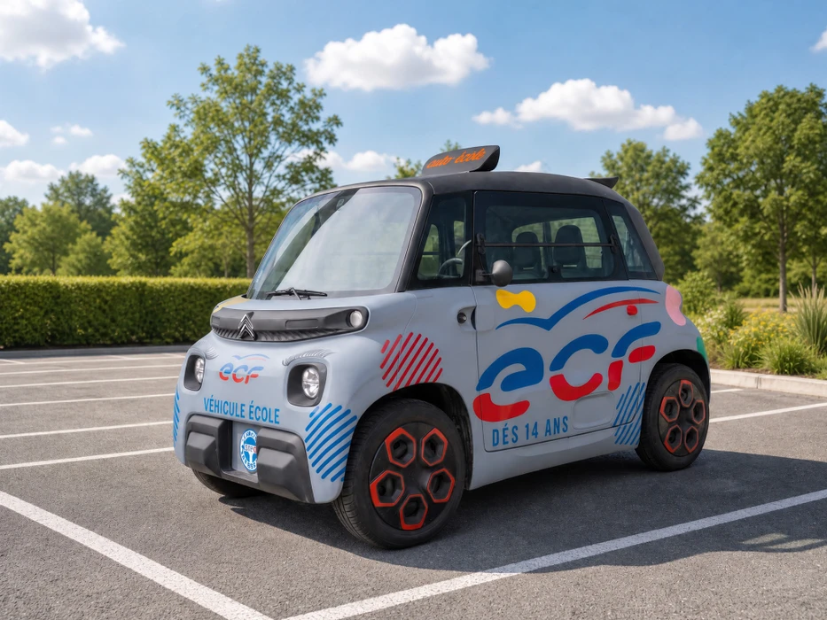 Citroën Ami électrique aux couleurs de l'auto-école ECF, stationnée dans un garage